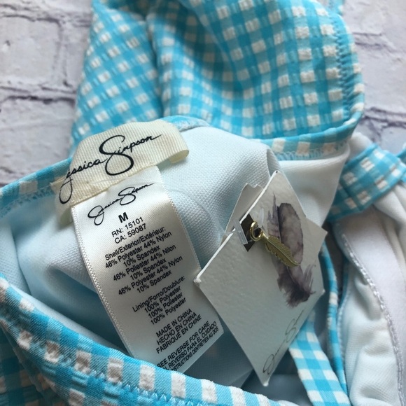 Jessica Simpson cap sleeve bow front blue white check gingham swimsuit Medium - Picture 8 of 8